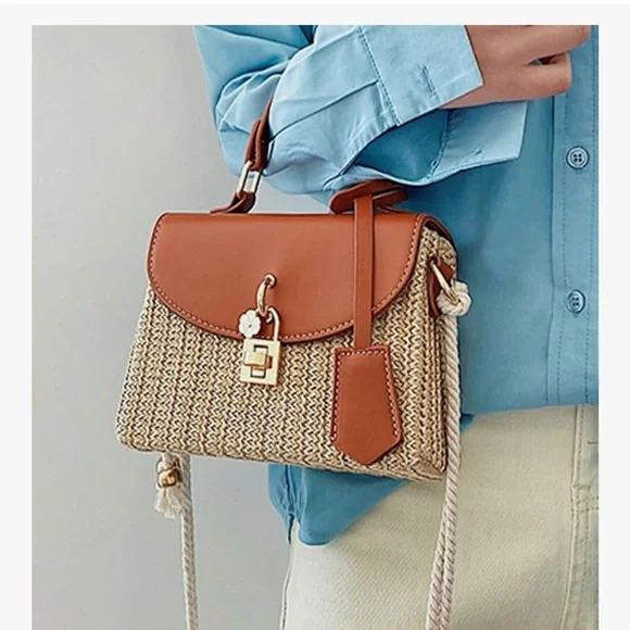 🆕 Straw Square Bag Straw Beach Bags For Women Rattan Purses Straw Crossbody - Picture 5 of 9